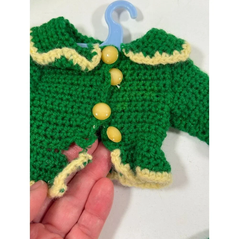 Vintage Mary Hoyer Doll Crocheted Winter Outfit Green White Trim Purse Hat